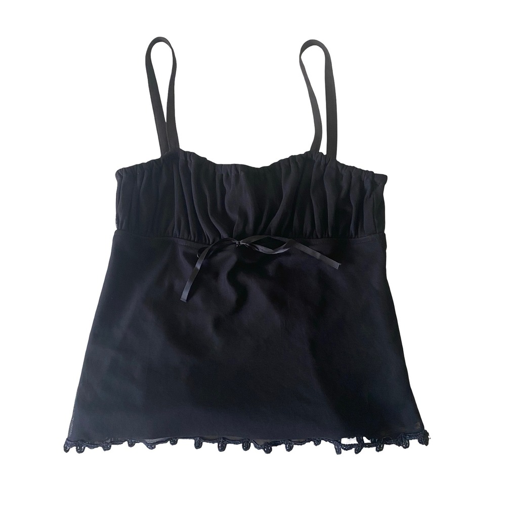 Trilogy Rampage Y2K Women's Vintage Camisole Crop Top M Black Ruched Mesh Lace